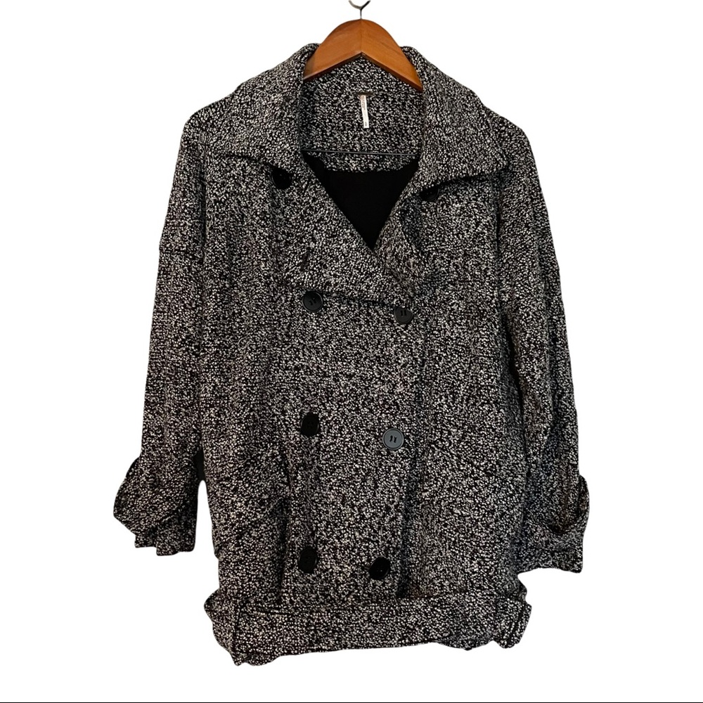 Free People Slouchy Moto Jacket Black Tweed Double Breasted Belted Wool Coat